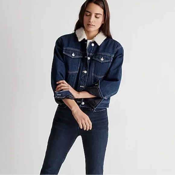 Madewell xs The Cropped Oversized Trucker Jean Jacket: Sherpa Collar Edi… - Picture 2 of 9